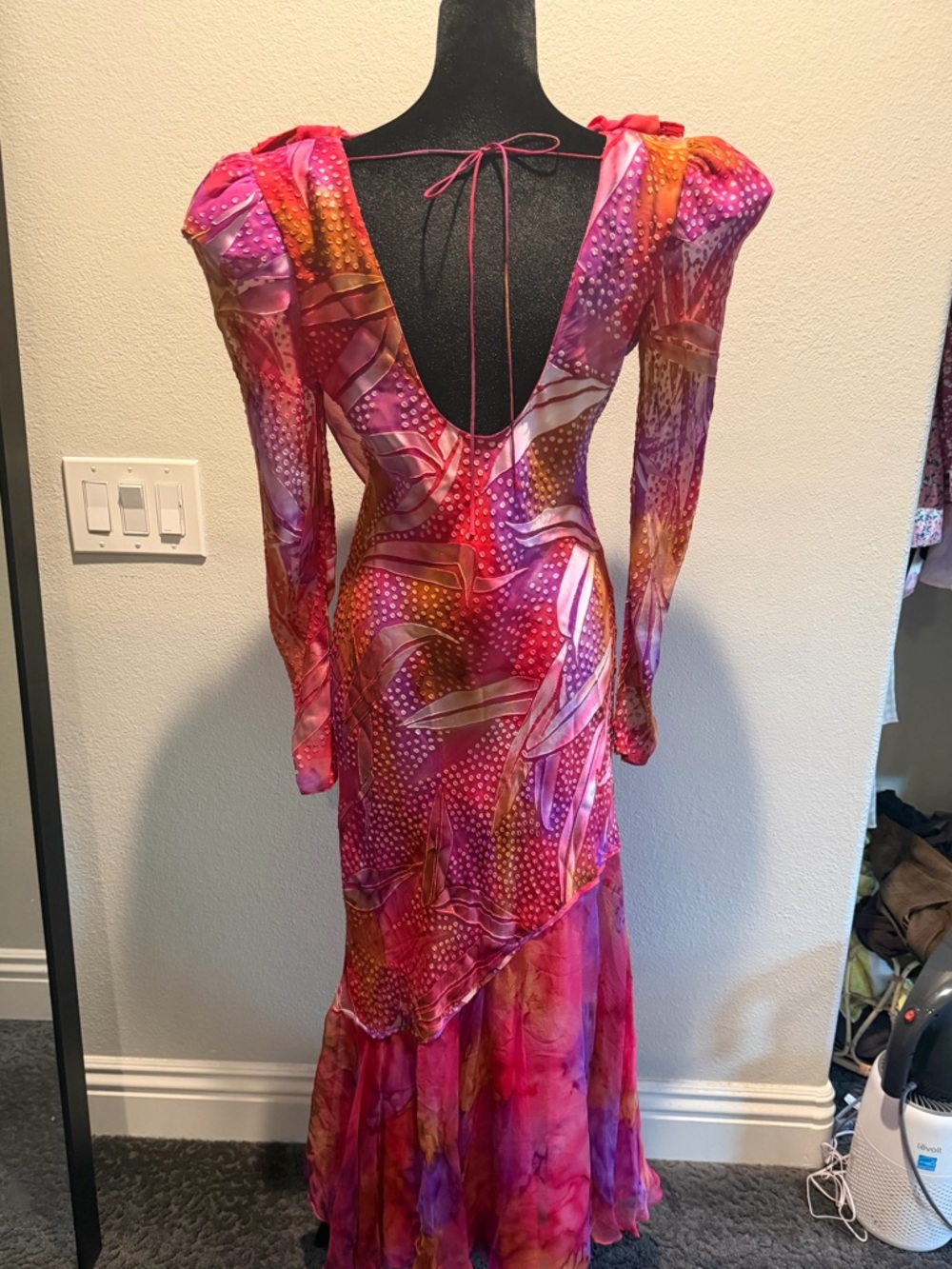 Vintage Judy Hornby Couture Pink & Purple Printed Maxi Dress with Draped Scarf - Picture 9 of 10